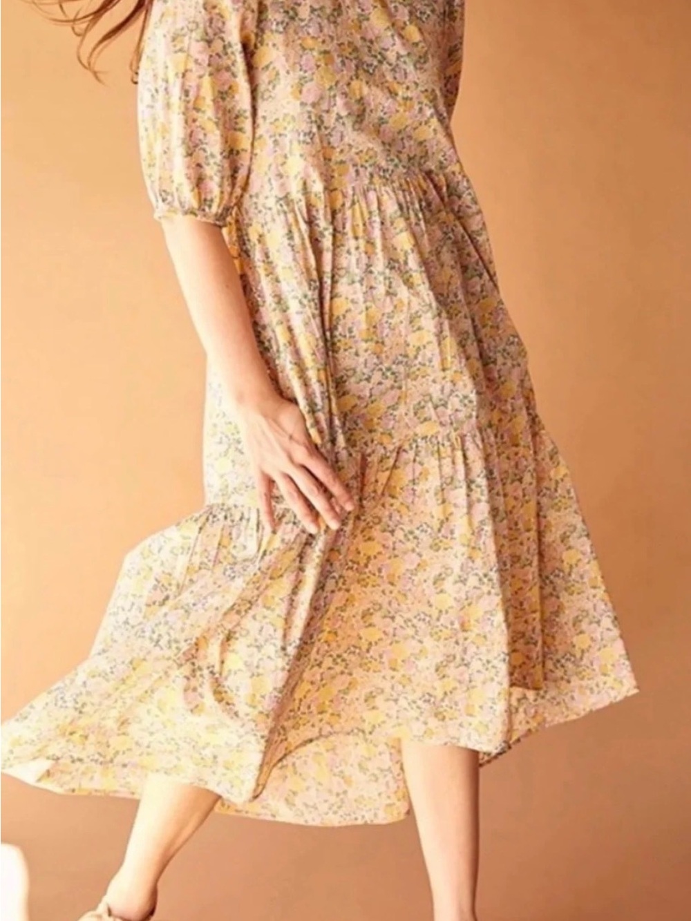 NWT Sonnet James M Floral Tiered Midi Dress Puff Sleeve Prairie Boho Romantic